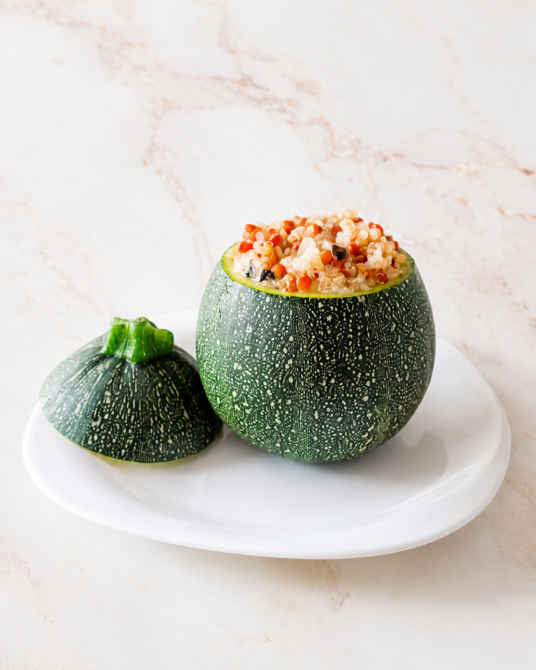 Calabacines redondos rellenos de quinoa y lentejas