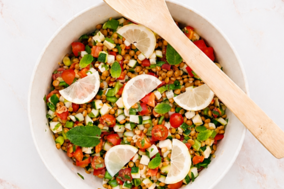 Ensalada de lentejas con verduras frescas y limón